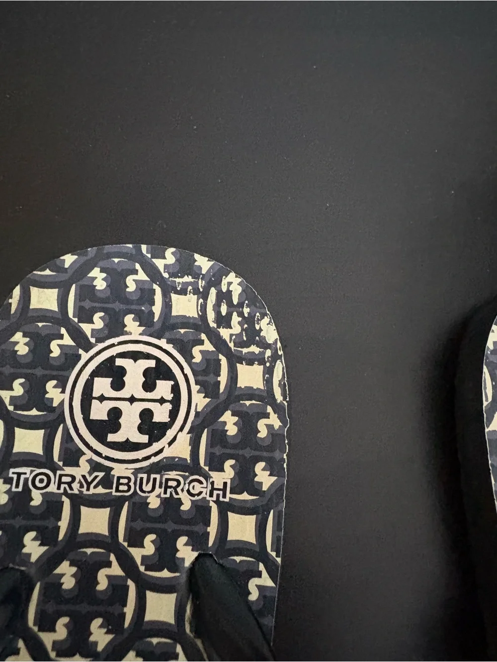 Tory Burch Black and Cream Logo-Pattern Flip Flop Sandals